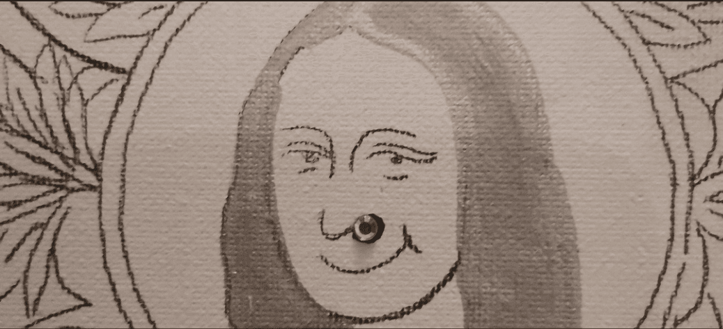 Detail of Mona Lisa piercing - close-up of artistic humor