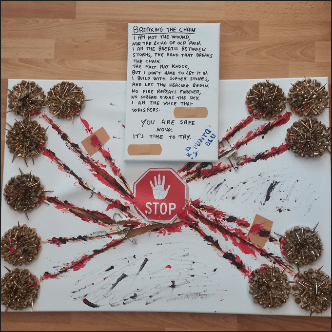 Trauma artwork with STOP sign - a powerful representation of pain and healing